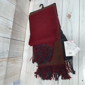 Uniqlo 2 Way Stole Scarf Wrap Red Color Block Fringe City Chic Cottage Granny